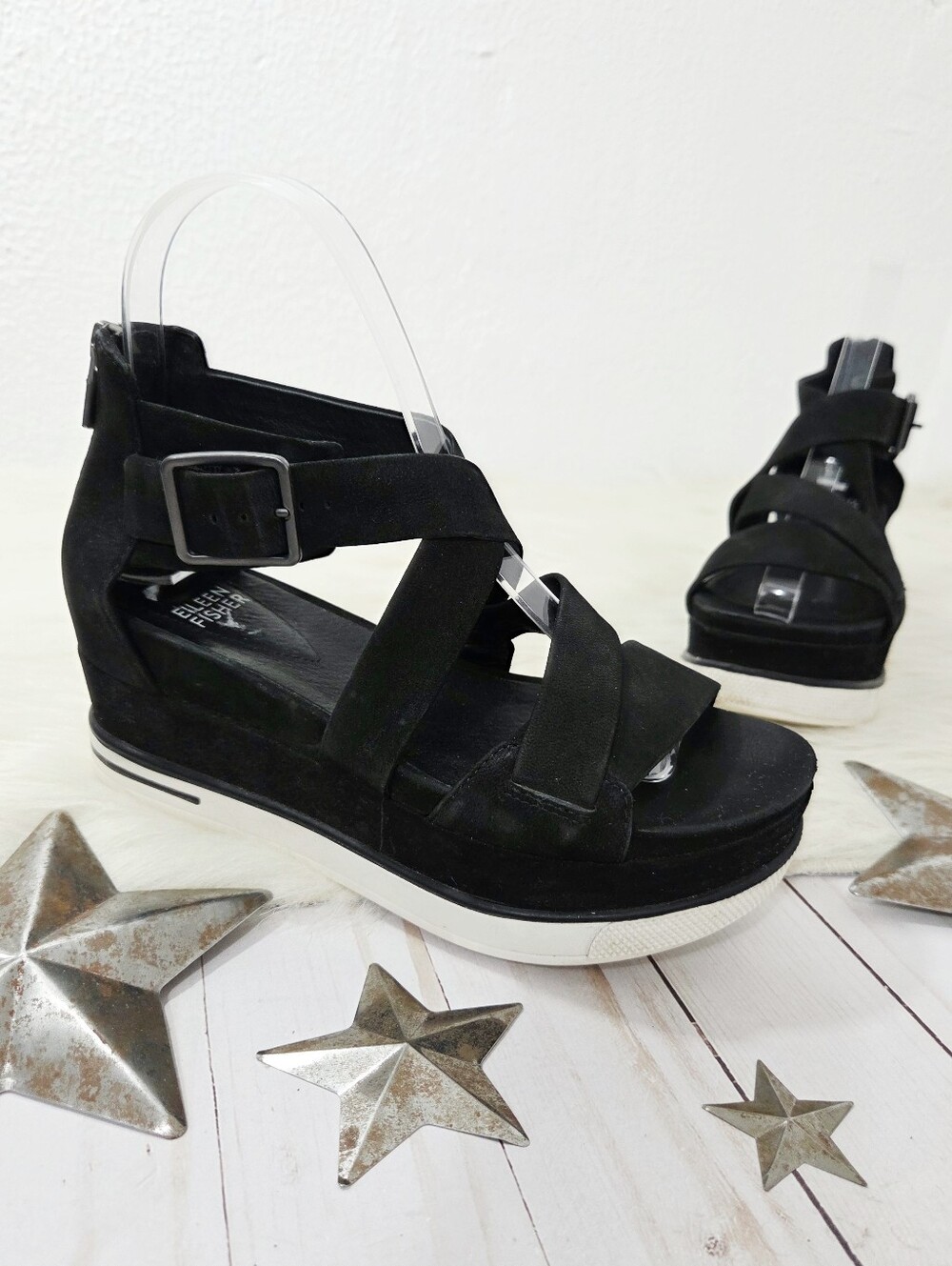 Eileen Fisher Boost Platform Sneaker Sandal Black Nubuck Leather Strappy sz 6.5